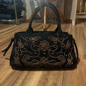 Vintage 90s rare black fossil canvas floral beaded small handbag